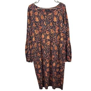Peruvian Connection Floral Tapestry Midi‎ Dress XL Navy Orange Long Puff Sleeve